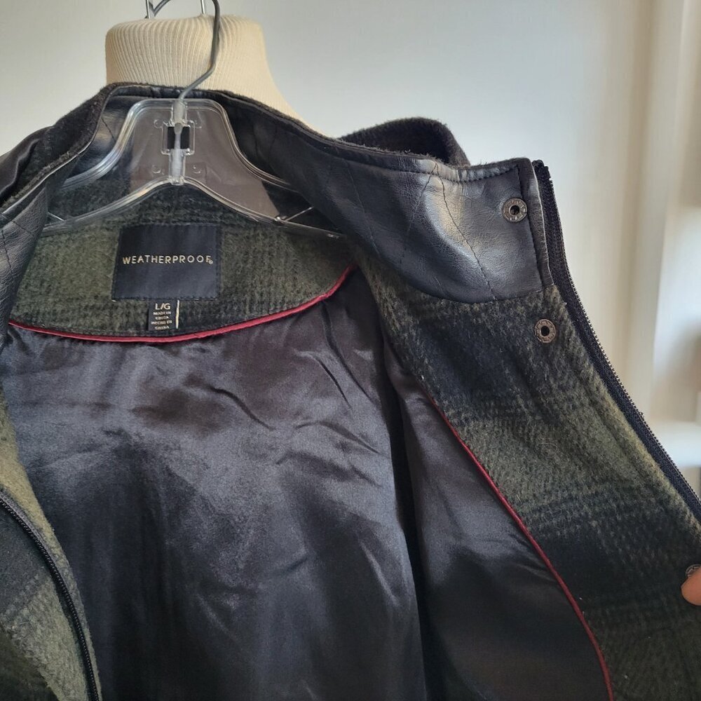LAST CALL -Weatherproof Green Plaid Vegan Leather Mid Length Coat (Size: L) - Picture 8 of 16